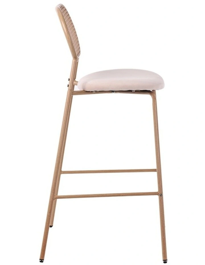 Set of 2 Tall Bar Stools, 72.5 cm Seat Height, Cane Rattan Backrest, Velvet Upholstered Seat, Beige image 6