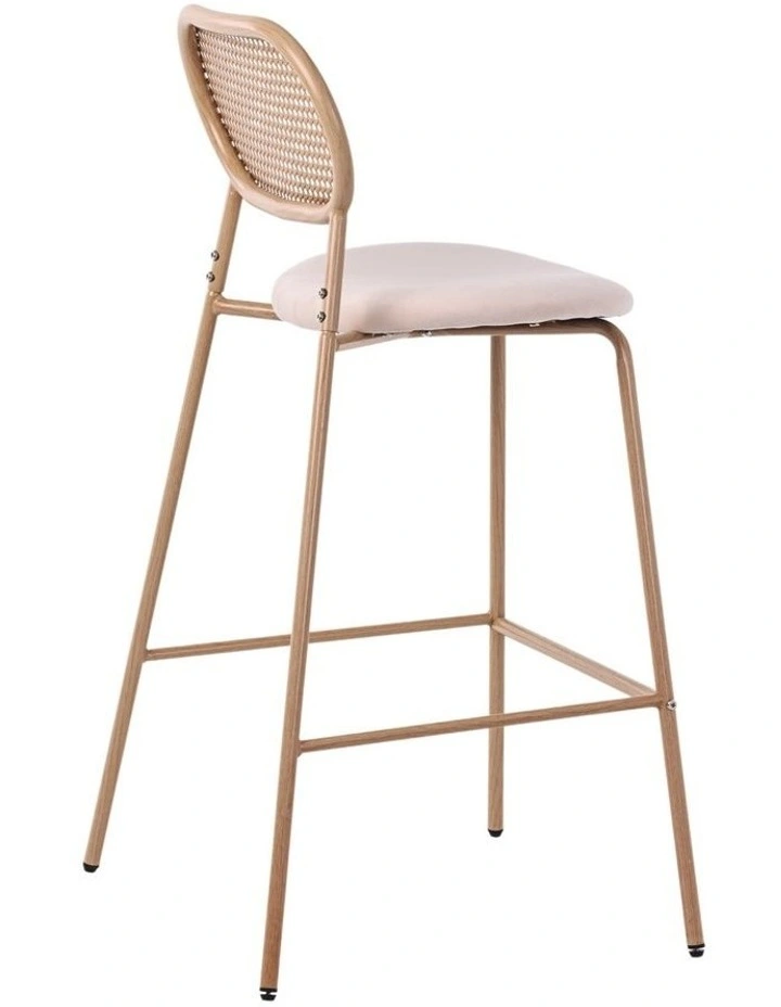 Set of 2 Tall Bar Stools, 72.5 cm Seat Height, Cane Rattan Backrest, Velvet Upholstered Seat, Beige image 7