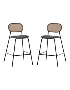 Set of 2 Tall Bar Stools, 72.5 cm Seat Height, Cane Rattan Backrest, Velvet Upholstered Seat, Grey