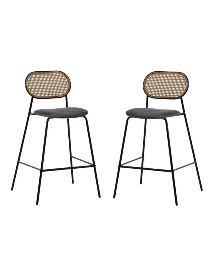 Set of 2 Tall Bar Stools, 72.5 cm Seat Height, Cane Rattan Backrest, Velvet Upholstered Seat, Grey image 1