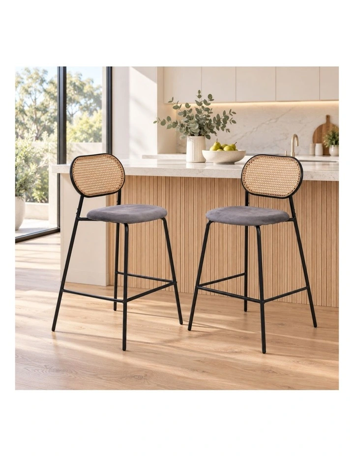 Set of 2 Tall Bar Stools, 72.5 cm Seat Height, Cane Rattan Backrest, Velvet Upholstered Seat, Grey image 2