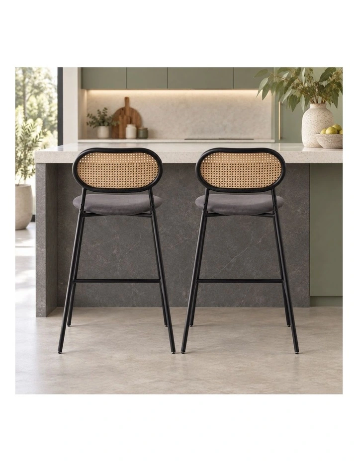 Set of 2 Tall Bar Stools, 72.5 cm Seat Height, Cane Rattan Backrest, Velvet Upholstered Seat, Grey image 3
