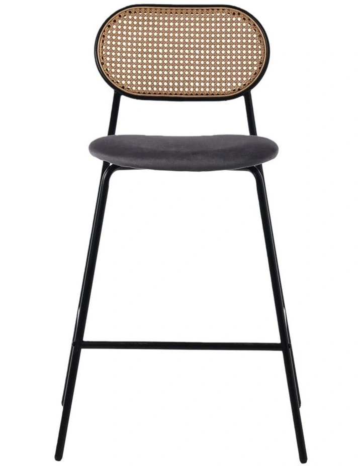 Set of 2 Tall Bar Stools, 72.5 cm Seat Height, Cane Rattan Backrest, Velvet Upholstered Seat, Grey image 4
