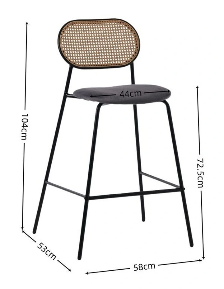 Set of 2 Tall Bar Stools, 72.5 cm Seat Height, Cane Rattan Backrest, Velvet Upholstered Seat, Grey image 5