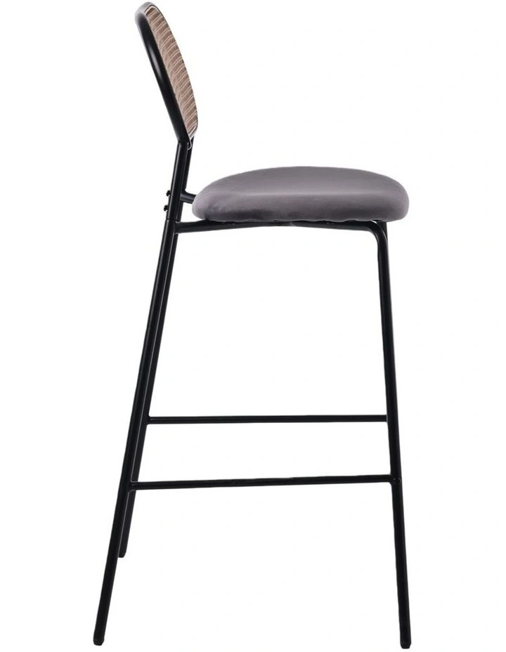 Set of 2 Tall Bar Stools, 72.5 cm Seat Height, Cane Rattan Backrest, Velvet Upholstered Seat, Grey image 6