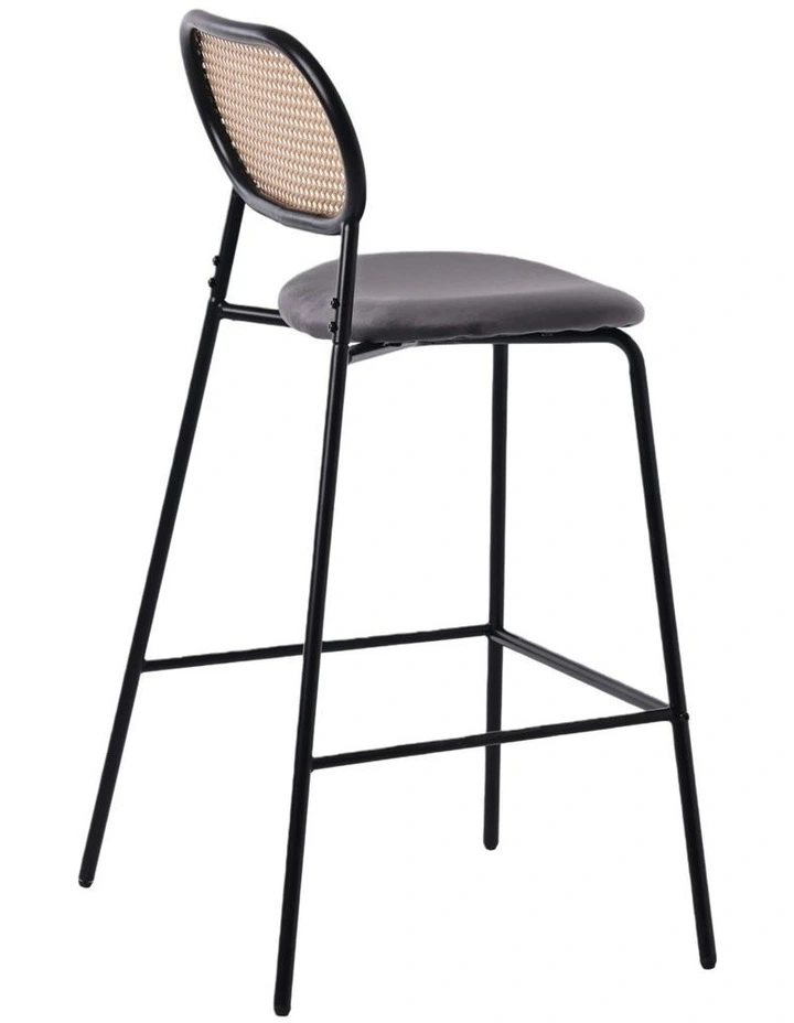 Set of 2 Tall Bar Stools, 72.5 cm Seat Height, Cane Rattan Backrest, Velvet Upholstered Seat, Grey image 7