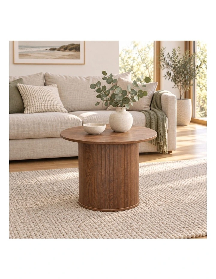 Round Coffee Table, 60 x H50 cm, Light Walnut Wood-Grain Pedestal Coffee Table, Modern Small Coffee image 2