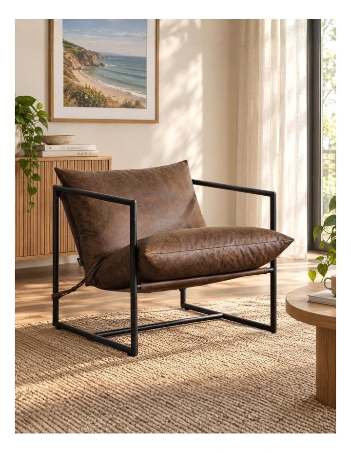 Aidan Armchair Sling Accent Chair in Faux Leather Brown Cognac image 3
