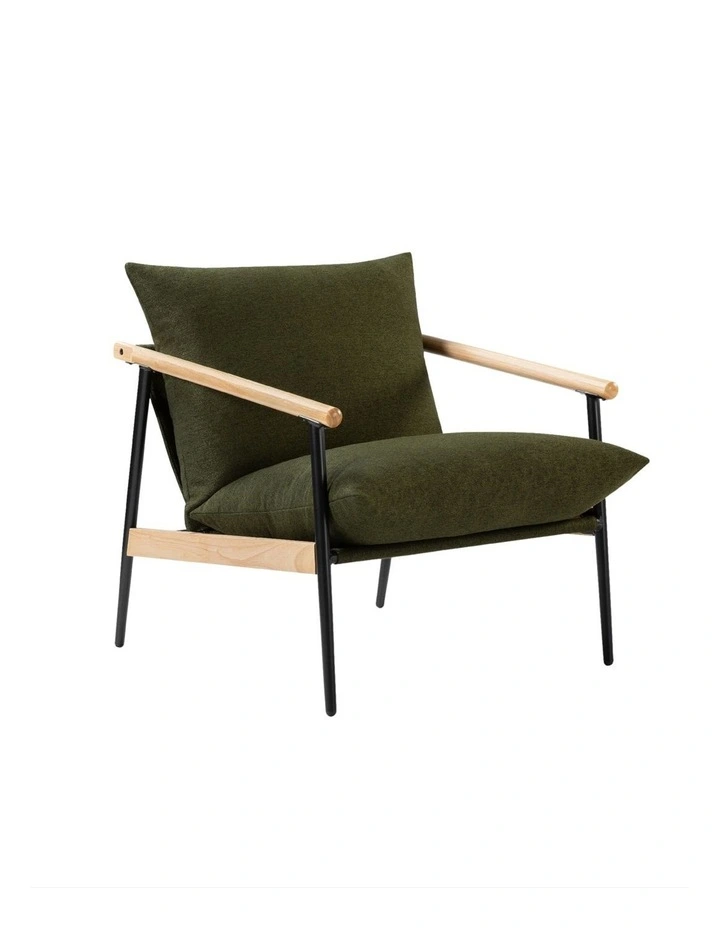 Wood and Metal Frame Armchair in Light Wood and Green Cushion image 1