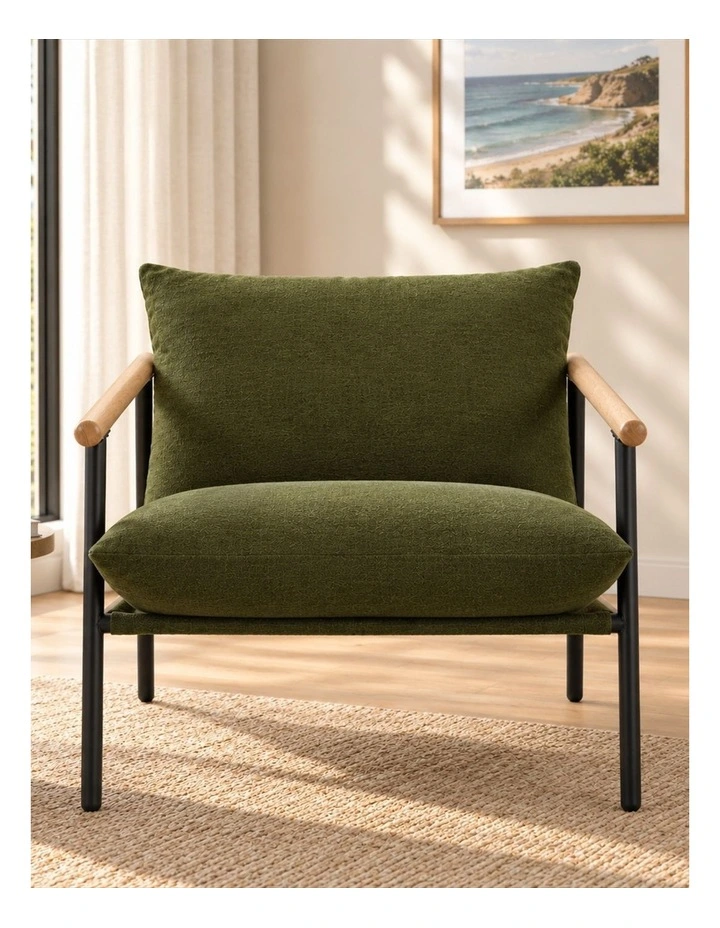Wood and Metal Frame Armchair in Light Wood and Green Cushion image 2