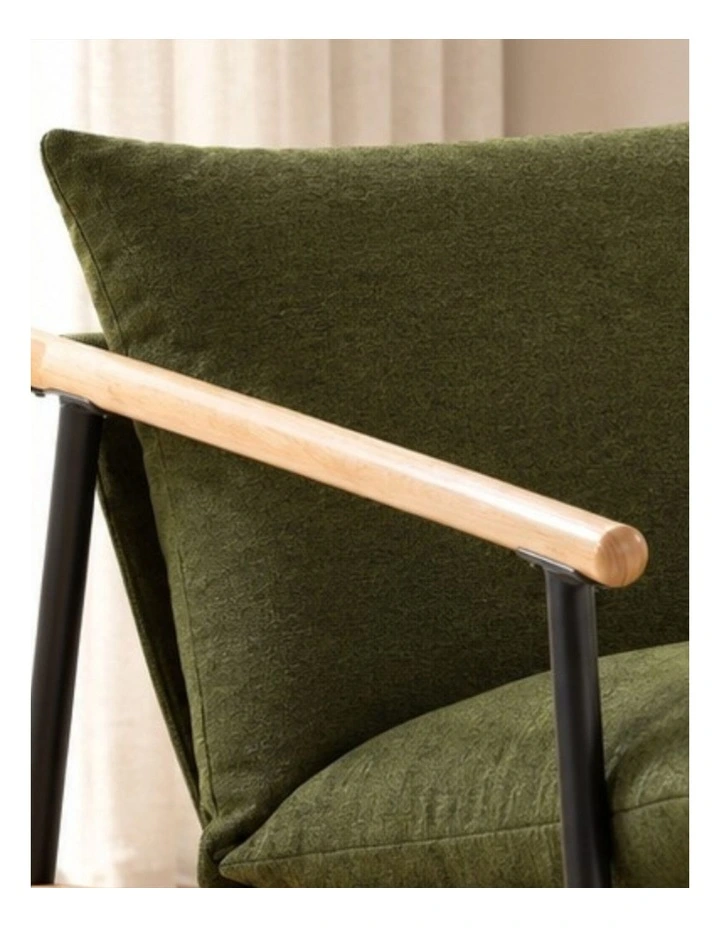 Wood and Metal Frame Armchair in Light Wood and Green Cushion image 3