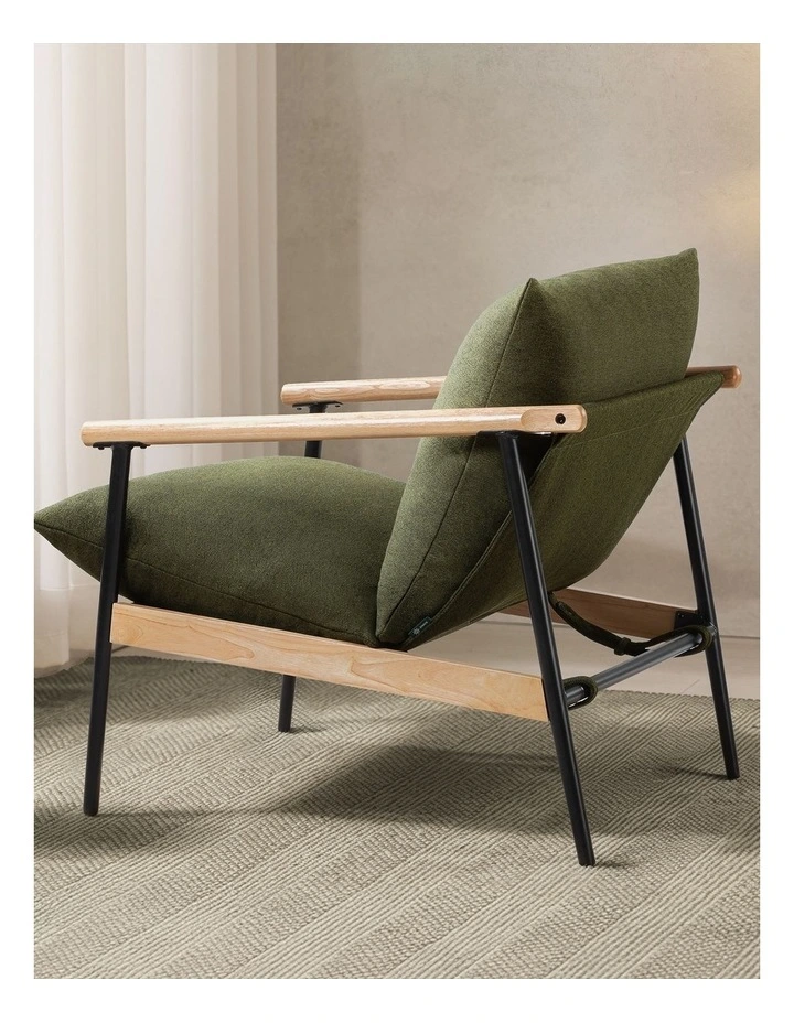 Wood and Metal Frame Armchair in Light Wood and Green Cushion image 4