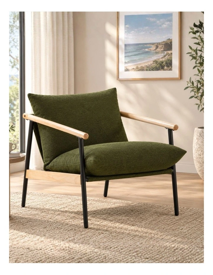 Wood and Metal Frame Armchair in Light Wood and Green Cushion image 5