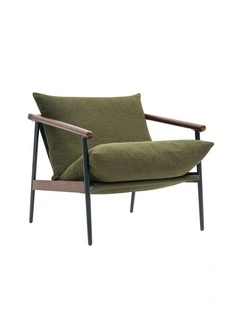 Wood and Metal Frame Armchair in Walnut and Green Cushion