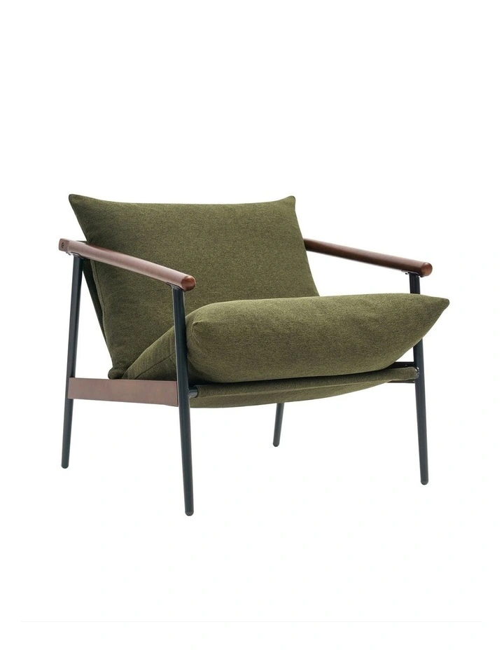 Wood and Metal Frame Armchair in Walnut and Green Cushion image 1