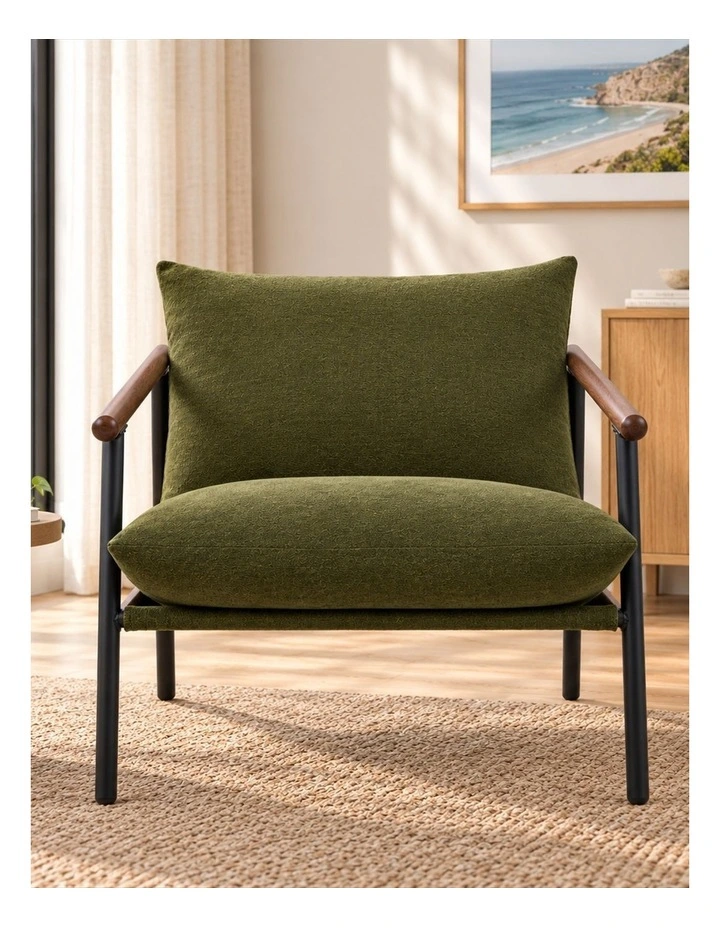 Wood and Metal Frame Armchair in Walnut and Green Cushion image 2