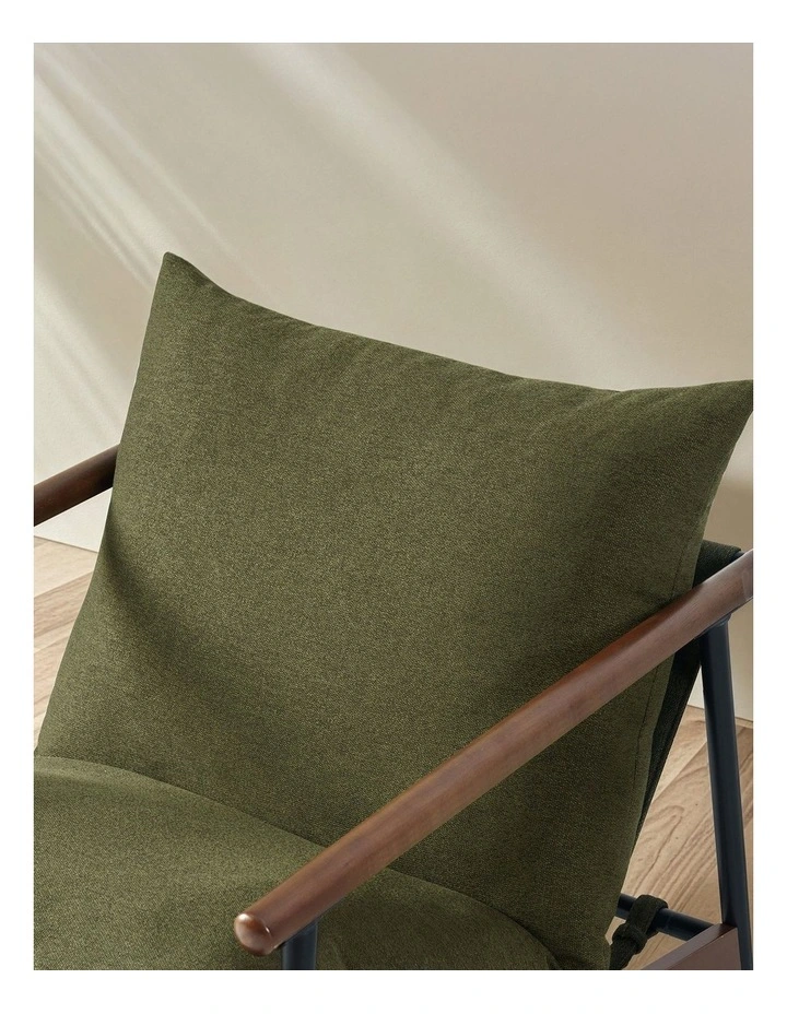 Wood and Metal Frame Armchair in Walnut and Green Cushion image 3