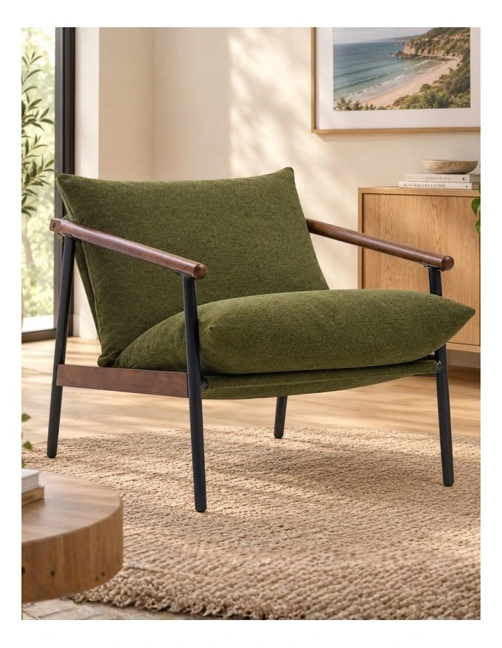 Wood and Metal Frame Armchair in Walnut and Green Cushion image 5