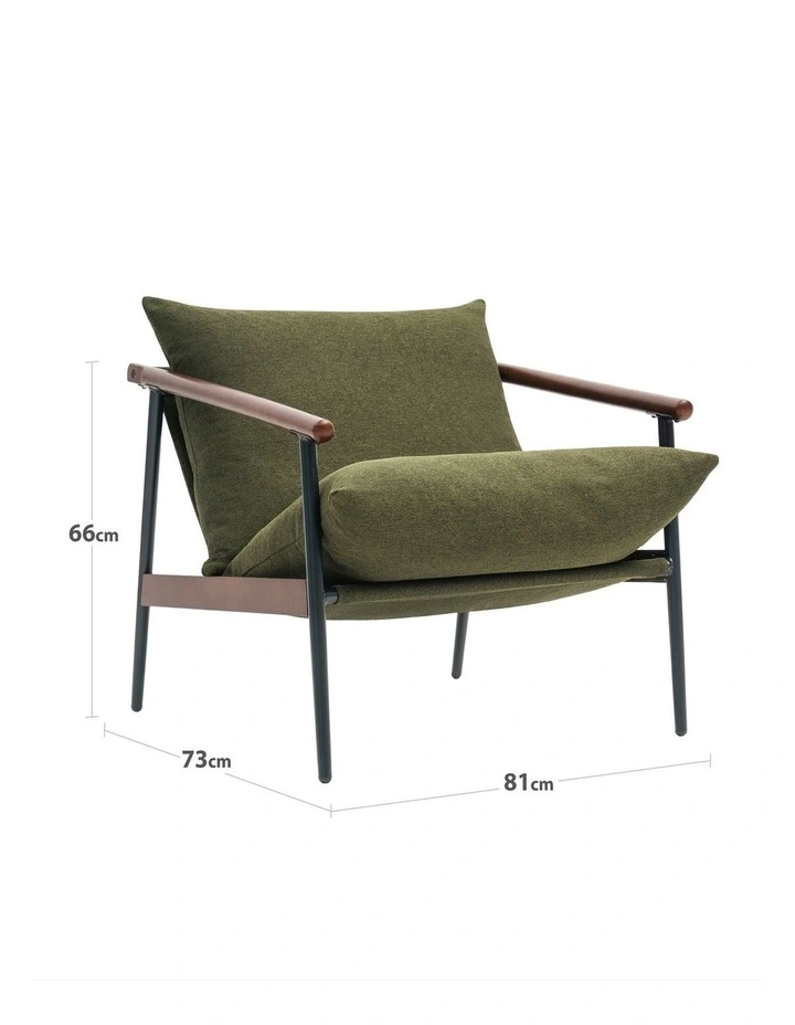 Wood and Metal Frame Armchair in Walnut and Green Cushion image 6