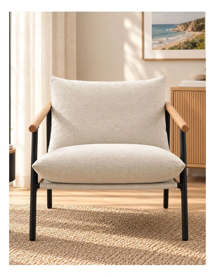 Wood and Metal Frame Armchair in Light Wood and Beige Cushion image 2