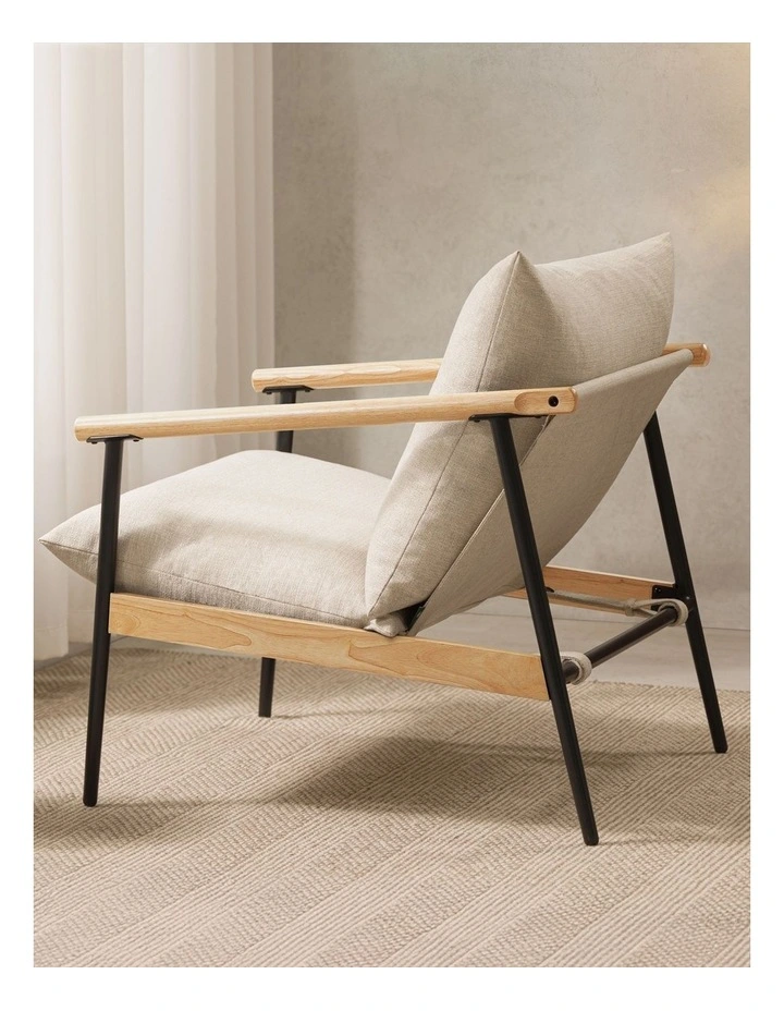Wood and Metal Frame Armchair in Light Wood and Beige Cushion image 4