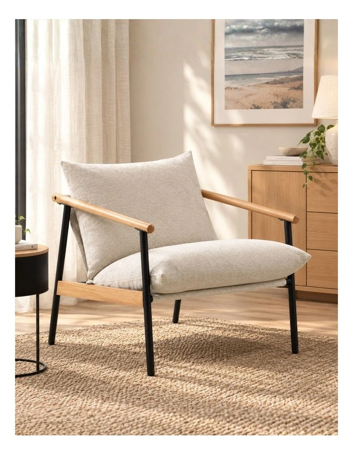 Wood and Metal Frame Armchair in Light Wood and Beige Cushion image 5