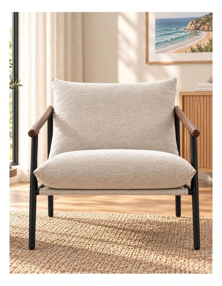Wood and Metal Frame Armchair in Walnut and Beige Cushion image 2