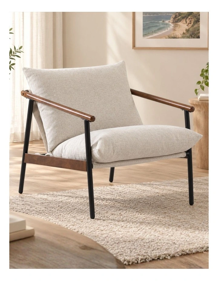 Wood and Metal Frame Armchair in Walnut and Beige Cushion image 3