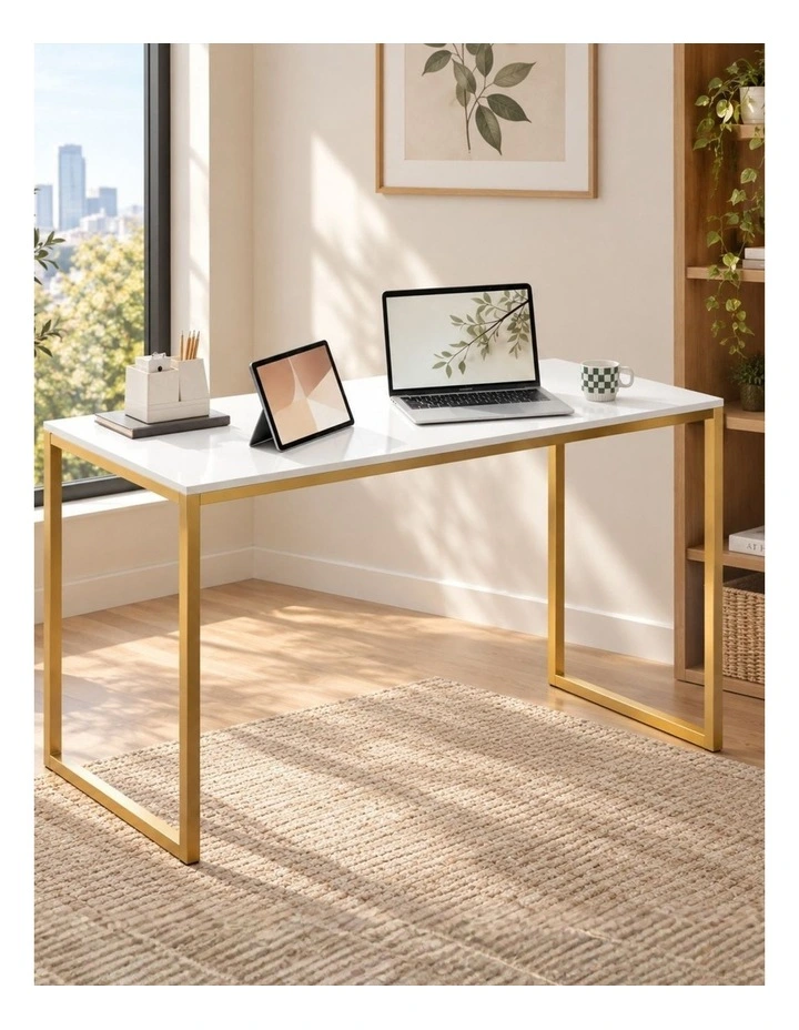 Soho Modern Computer Office Desk 140cm in White and Gold Frame image 3