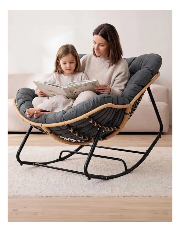 Levede Rocking Chair with Thick Cushion PE Rattan Silent Strip Indoor Patio Grey image 7