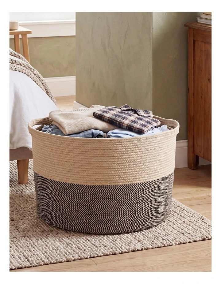Levede Blanket Basket Large Cotton Rope Jute with Handles Foldable Home Yellow image 6