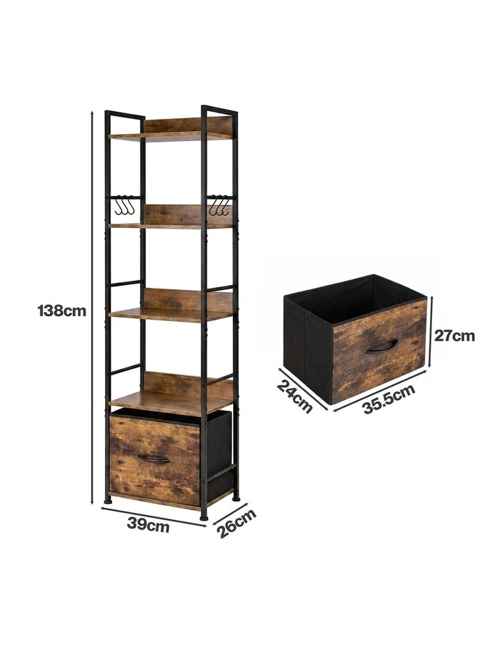 Levede Bookshelf Narrow Bookcase 5 Tier Storage with Drawer Living Room Brown image 2