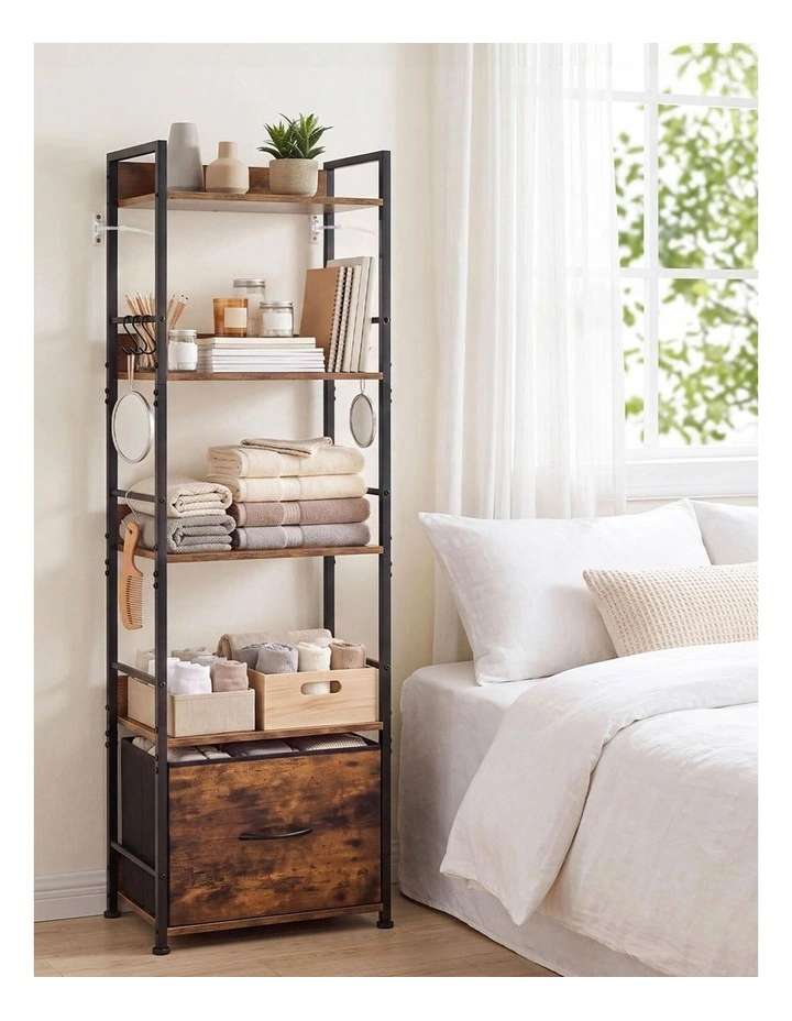 Levede Bookshelf Narrow Bookcase 5 Tier Storage with Drawer Living Room Brown image 6