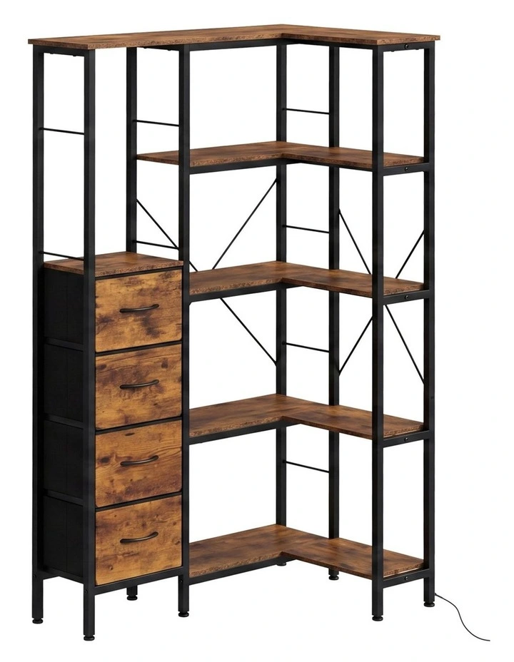 Levede Corner Bookshelf with 4 Fabric Drawers & LED Light 5 Tier Bedroom Rustic image 1
