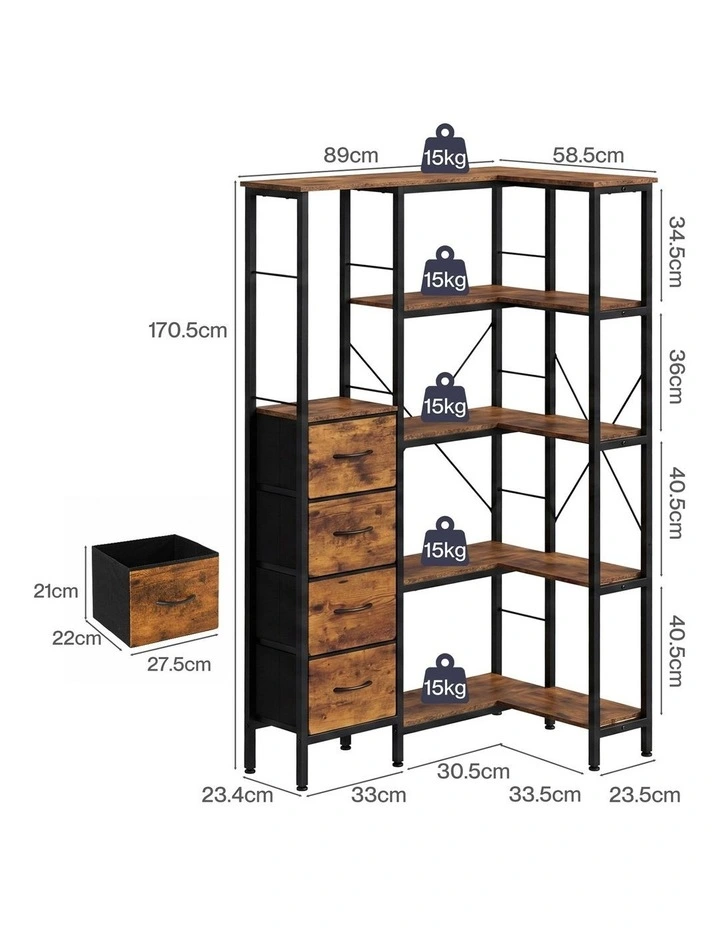 Levede Corner Bookshelf with 4 Fabric Drawers & LED Light 5 Tier Bedroom Rustic image 2