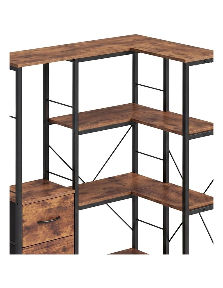 Levede Corner Bookshelf with 4 Fabric Drawers & LED Light 5 Tier Bedroom Rustic image 3