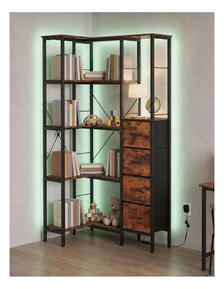 Levede Corner Bookshelf with 4 Fabric Drawers & LED Light 5 Tier Bedroom Rustic image 6