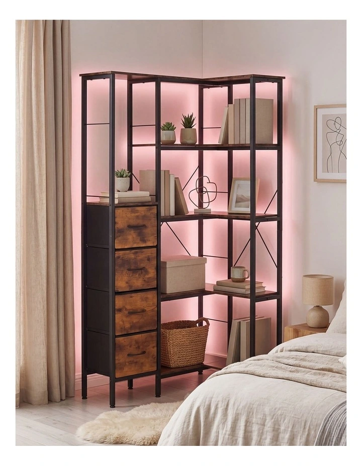 Levede Corner Bookshelf with 4 Fabric Drawers & LED Light 5 Tier Bedroom Rustic image 7