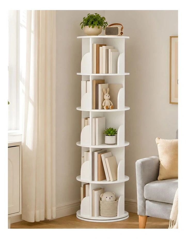Levede Rotating Bookshelf 5 Tier Book Storage Space Saving Round Tower White image 6
