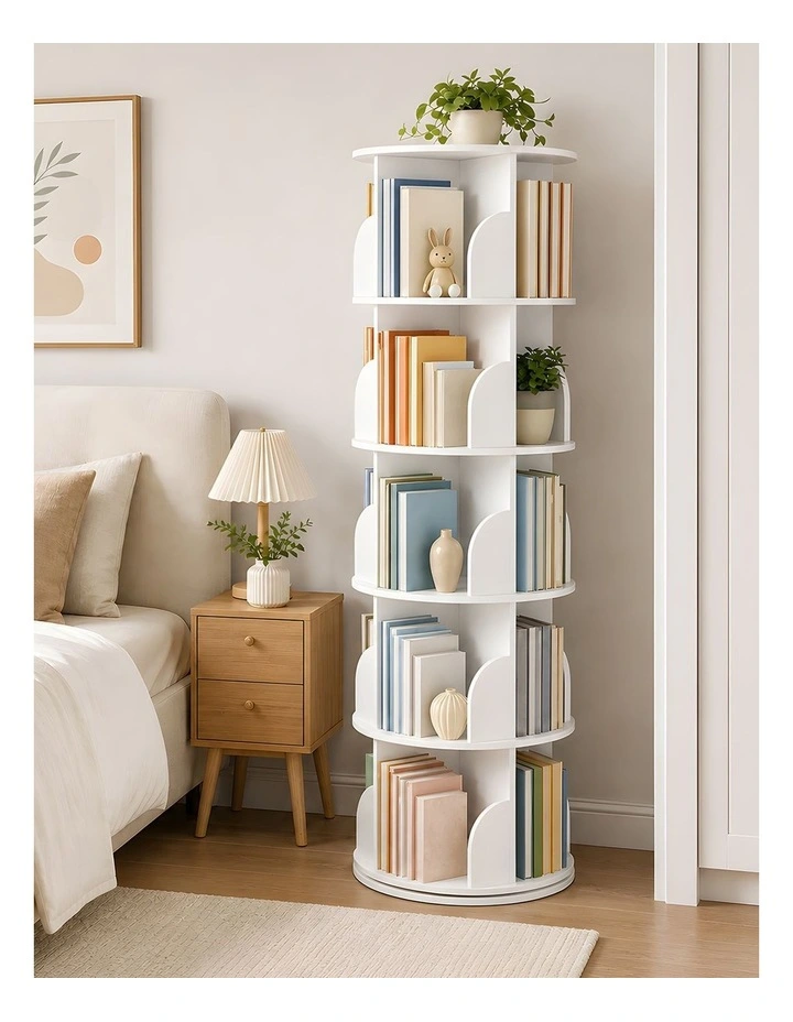 Levede Rotating Bookshelf 5 Tier Book Storage Space Saving Round Tower White image 7