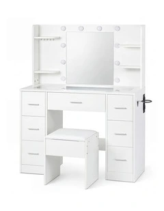 Levede Dressing Table Makeup Vanity with Lights Glass Desktop 7 Drawers White