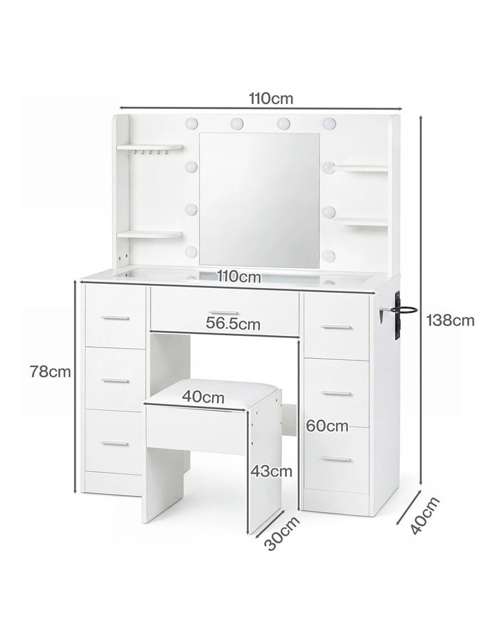 Levede Dressing Table Makeup Vanity with Lights Glass Desktop 7 Drawers White image 2