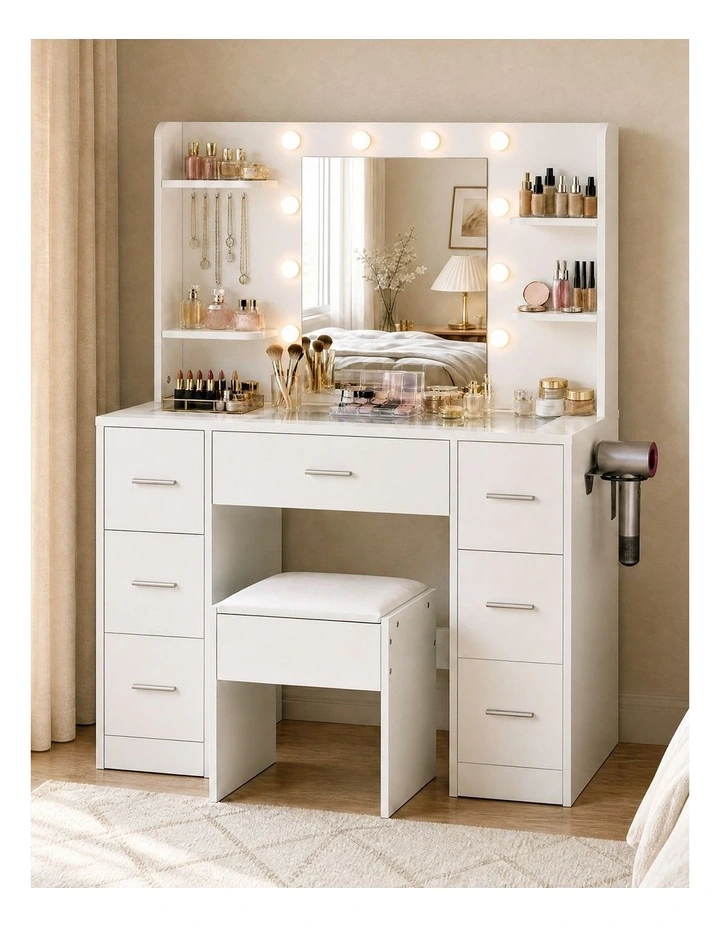 Levede Dressing Table Makeup Vanity with Lights Glass Desktop 7 Drawers White image 6