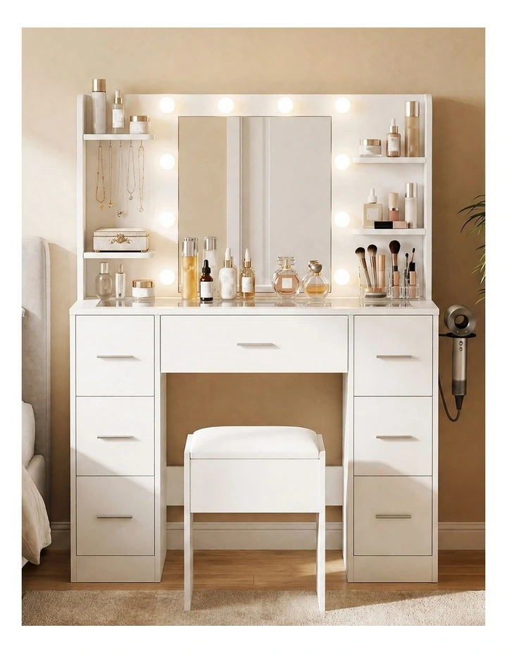 Levede Dressing Table Makeup Vanity with Lights Glass Desktop 7 Drawers White image 7