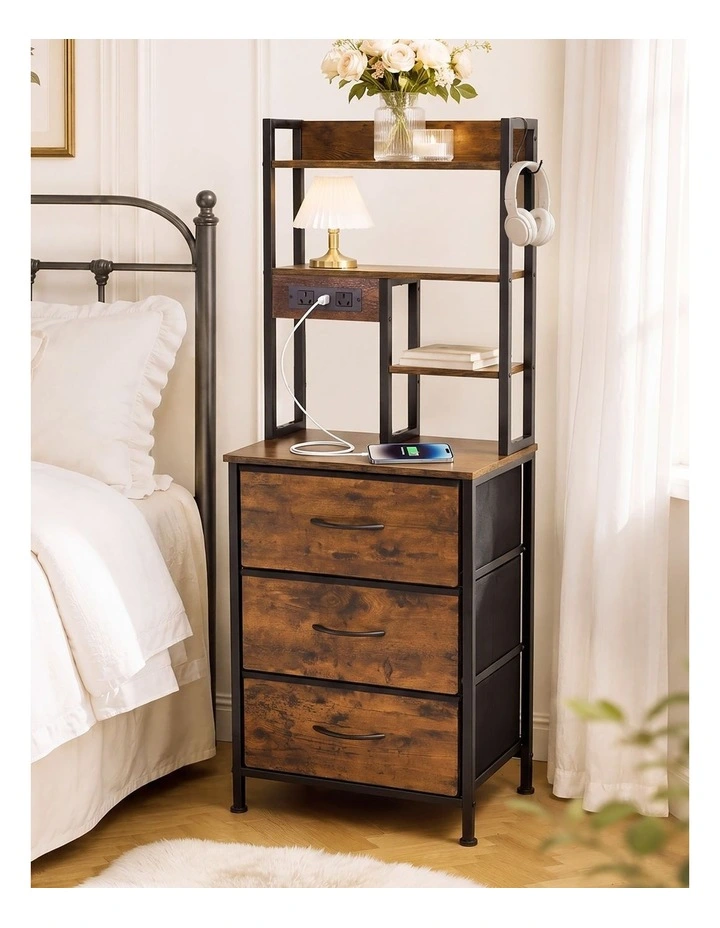 Levede Bedside Table with Charging Station 3 Drawer RGB Light Night Stand Brown image 7