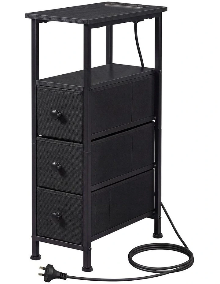 Levede Bedside Table LED Charging Narrow Black Nightstand Bedroom Space image 1