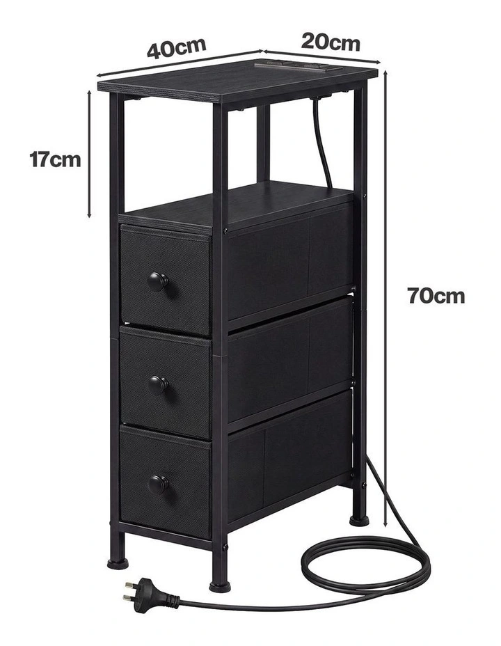 Levede Bedside Table LED Charging Narrow Black Nightstand Bedroom Space image 3
