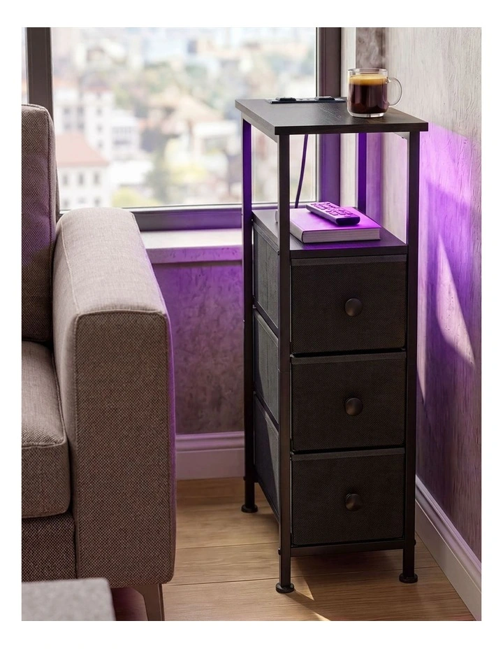Levede Bedside Table LED Charging Narrow Black Nightstand Bedroom Space image 4