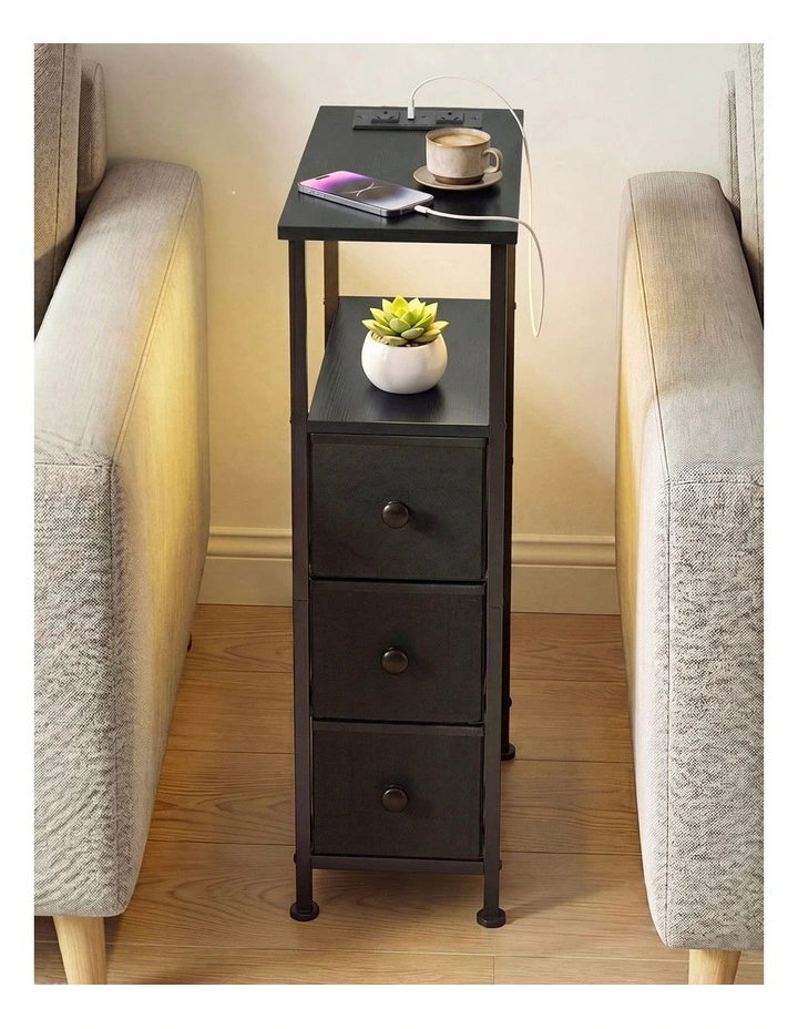 Levede Bedside Table LED Charging Narrow Black Nightstand Bedroom Space image 5