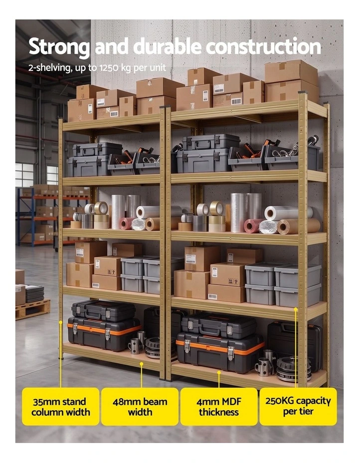 Giantz 2-Rack Garage Shelving 1.6X0.8m MDF Warehouse Shelves Storage Rack Yellow image 4